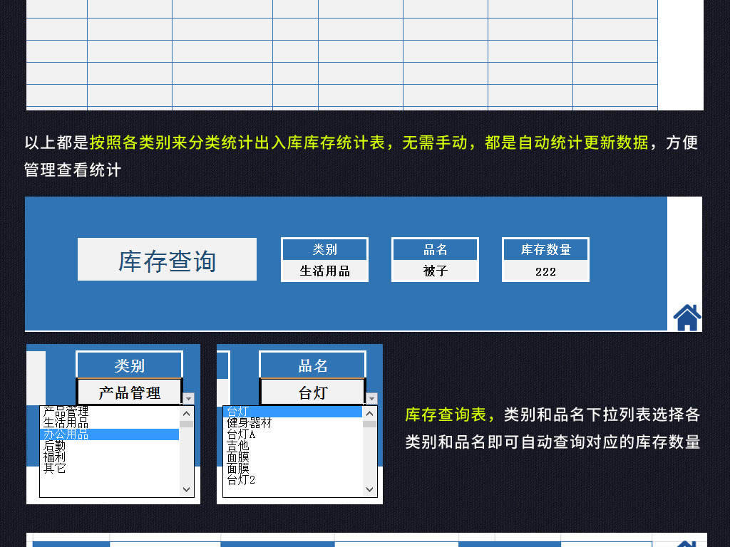 通用仓库出入库存统计表格模板按多类别统计