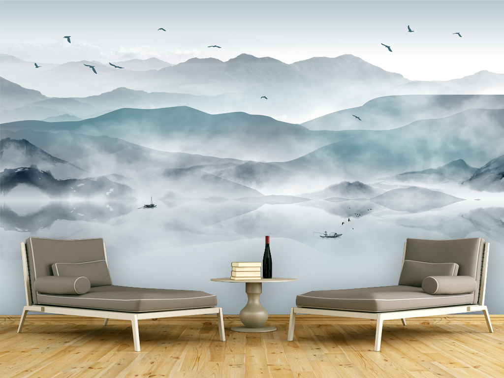 新中式抽象意境水墨山水画背景墙壁画