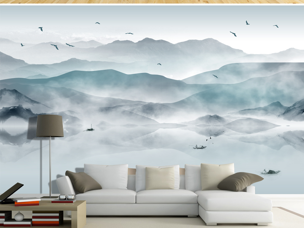 新中式抽象意境水墨山水画背景墙壁画