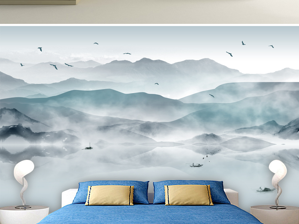 新中式抽象意境水墨山水画背景墙壁画(图片编号:16228786)_手绘电视背