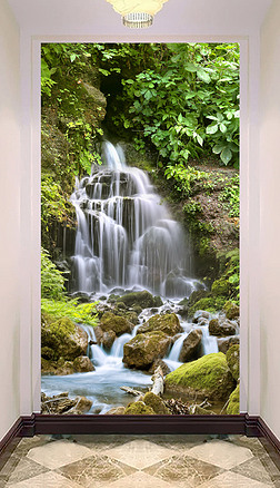 原创瀑布小溪流水风景画客厅绿色玄关背景墙