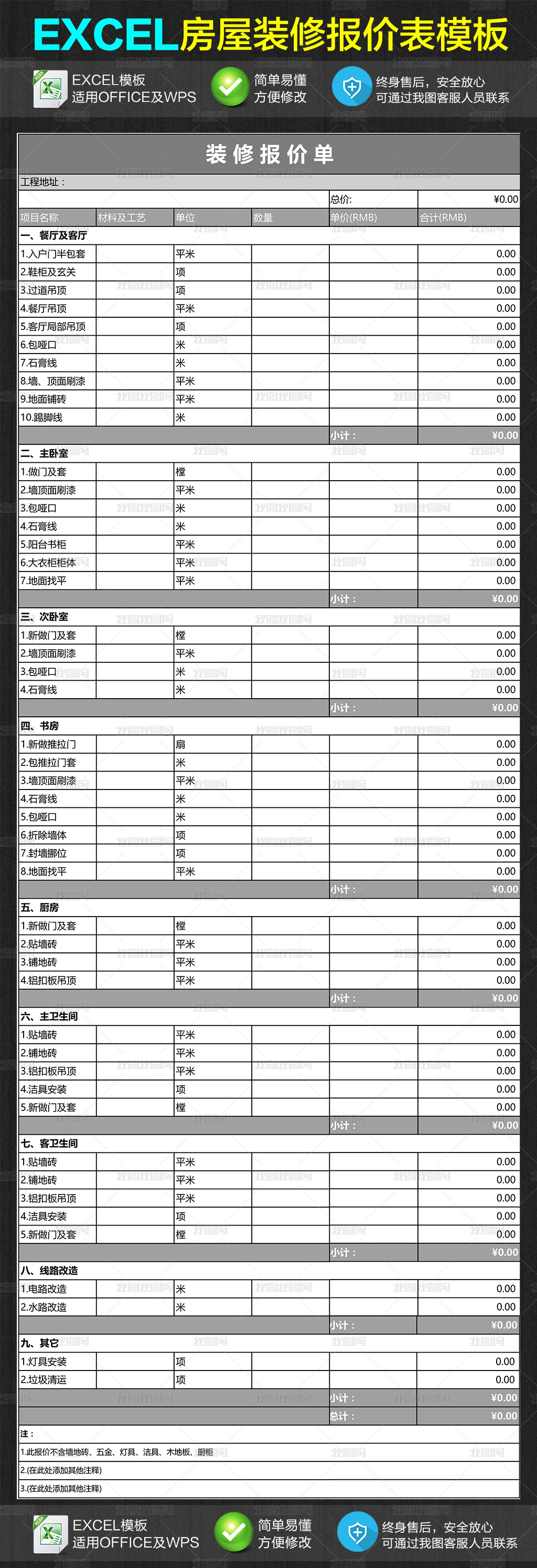 居民住户房屋装修报价明细表Excel模板