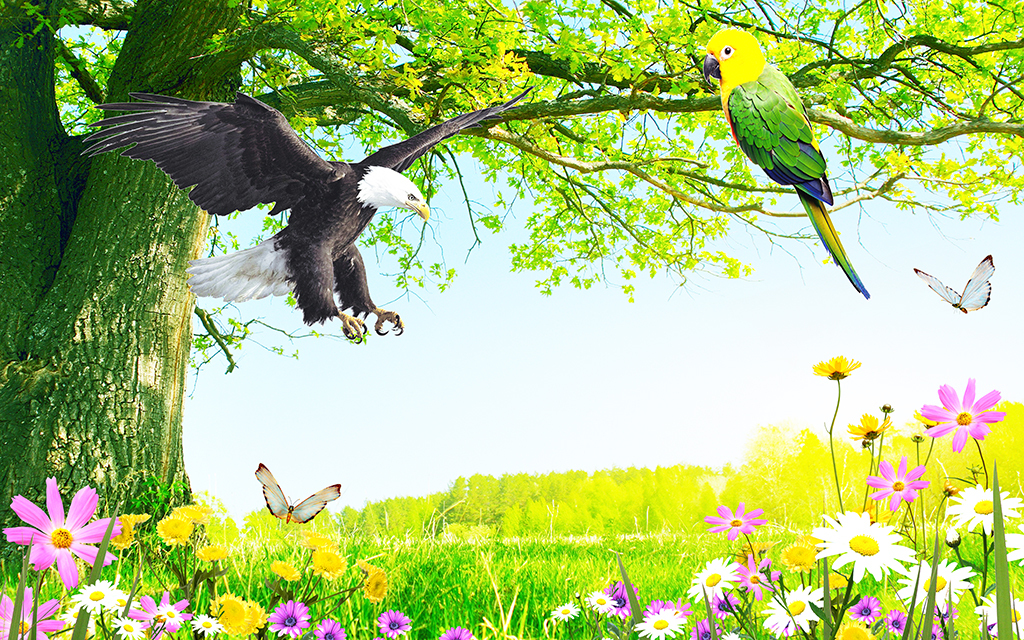 郊外自然山水花鸟风景背景墙