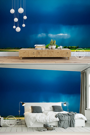北欧简约宜家风蓝色天空地中海电视背景墙壁