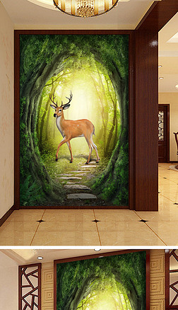 麋鹿森林唯美玄关背景欧式