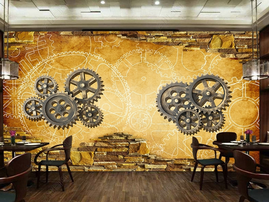 工业风复古破墙齿轮酒吧咖啡店背景墙