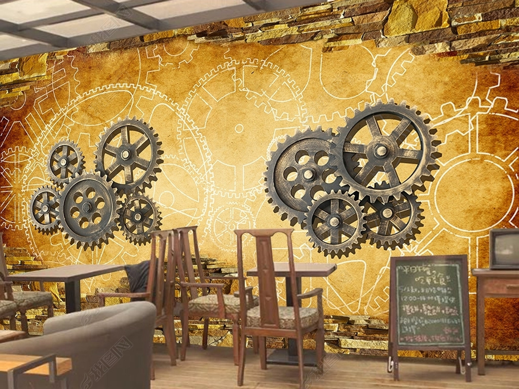 工业风复古破墙齿轮酒吧咖啡店背景墙