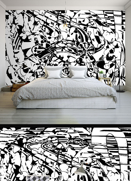 原创现代简约个性涂鸦黑白墙纸