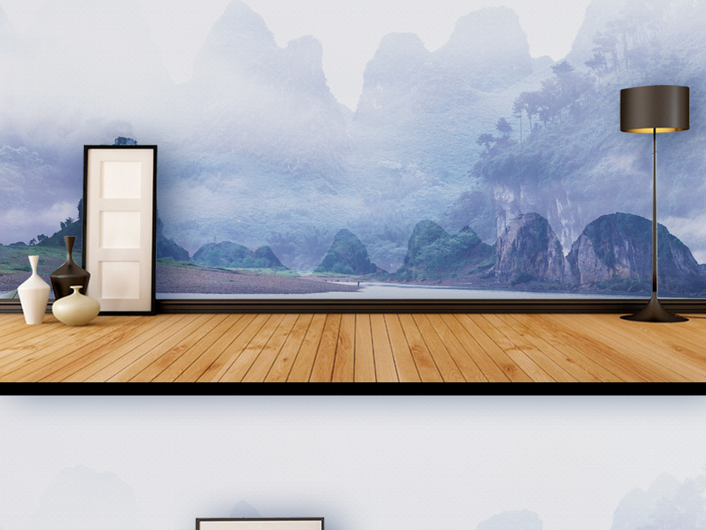 新中式山水水墨画电视背景墙墙纸壁画背景图片设计素材_高清模板下载