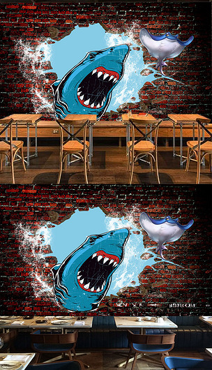 原创3d立体破墙而出的鲨鱼壁画背景墙