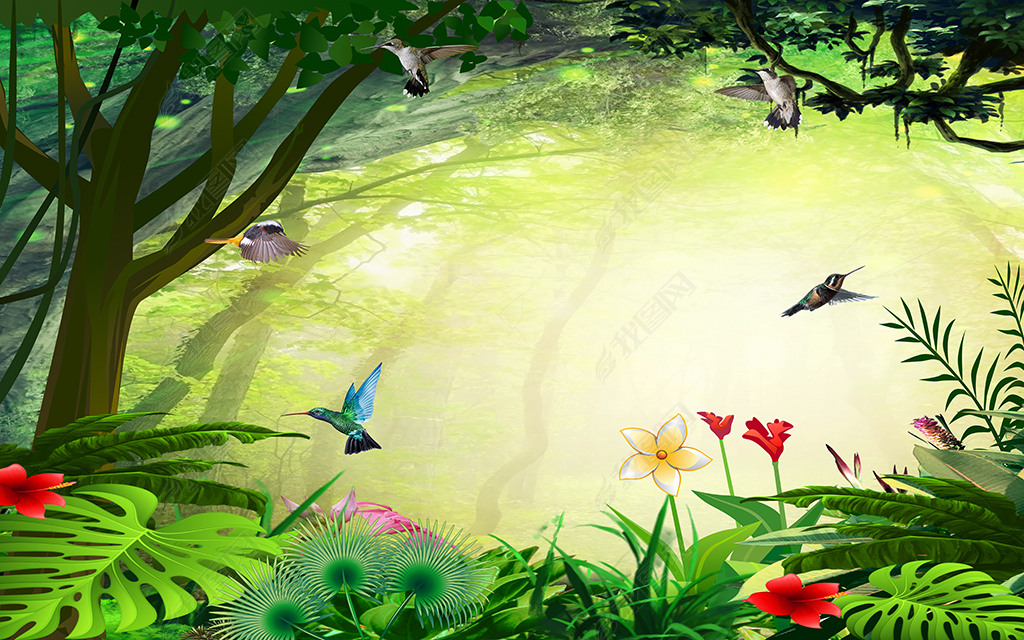 热带雨林草丛树林背景墙