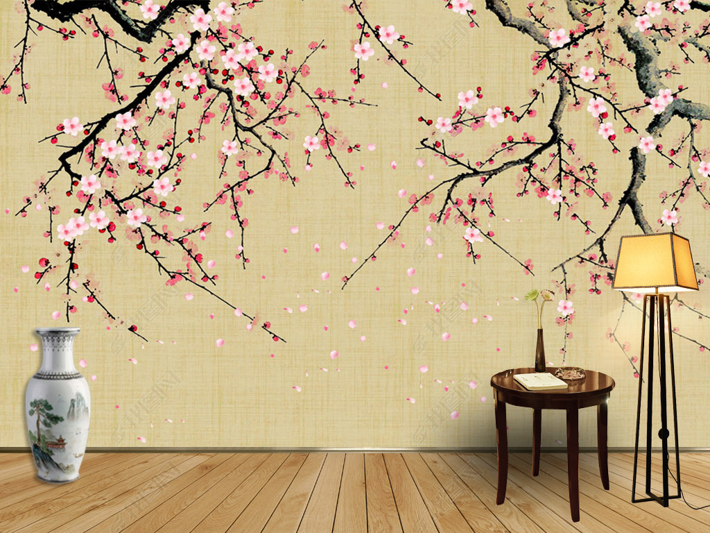 中式手绘桃花背景墙壁画壁纸十里桃林