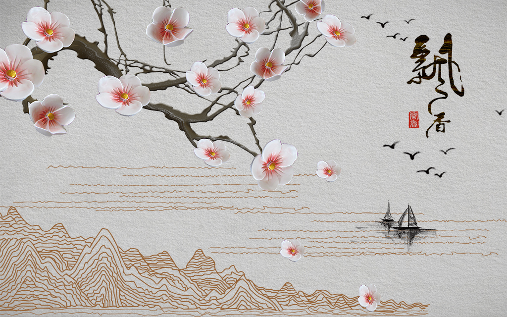 背景墙 山水风景画 山水风景画 梅花飘香简约山水线条 素材图片参数