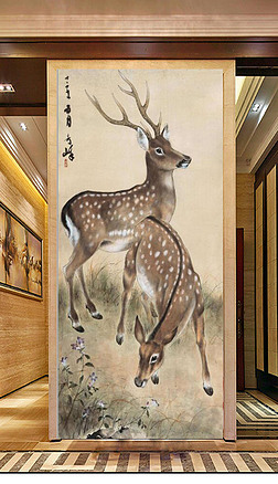 新中式梅花鹿国画玄关背景墙