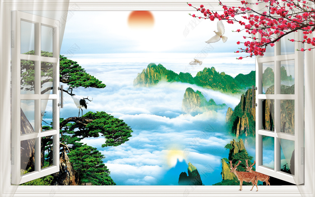 原创中式松鹤延年梅花鹿佛光梅花日出迎客松仙鹤窗户窗帘山水黄山背景