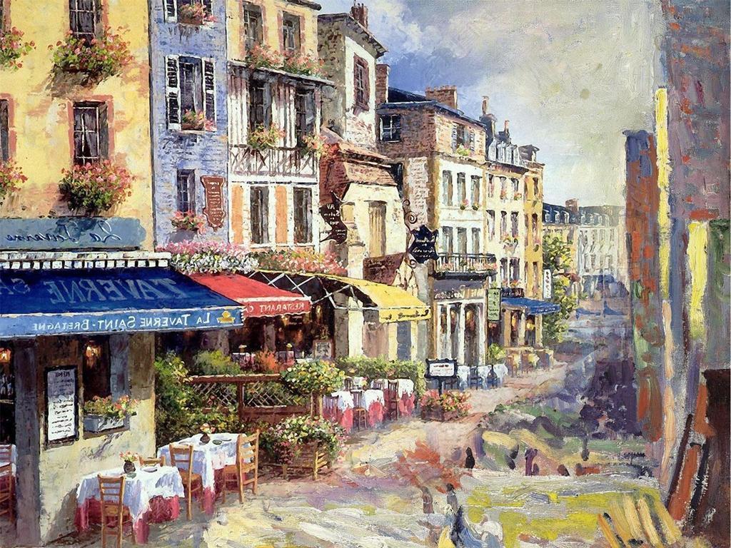原创欧洲小镇一角油画