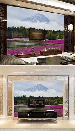 紫色花朵薰衣草富士山冰山雪山大自然背景墙