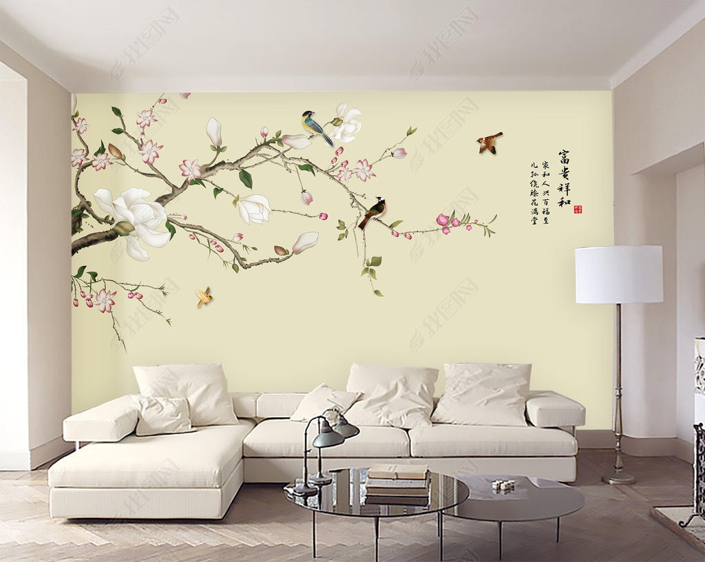 原创手绘玉兰花鸟复古简约电视背景墙版权可商用