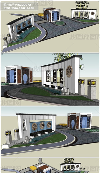 现代中式小区入口大门su模型