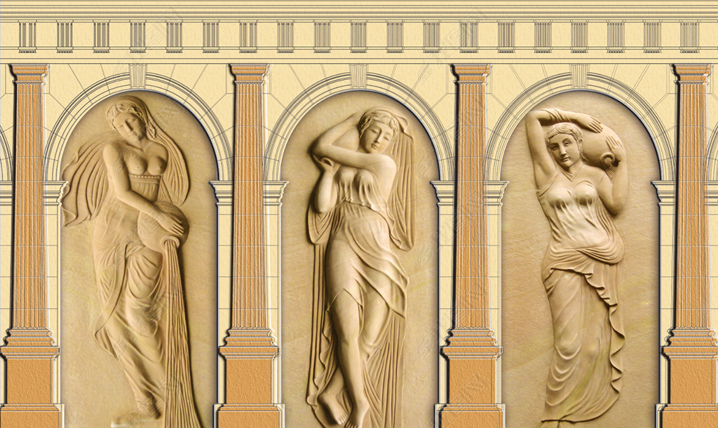 罗马柱砂岩浮雕美女背景