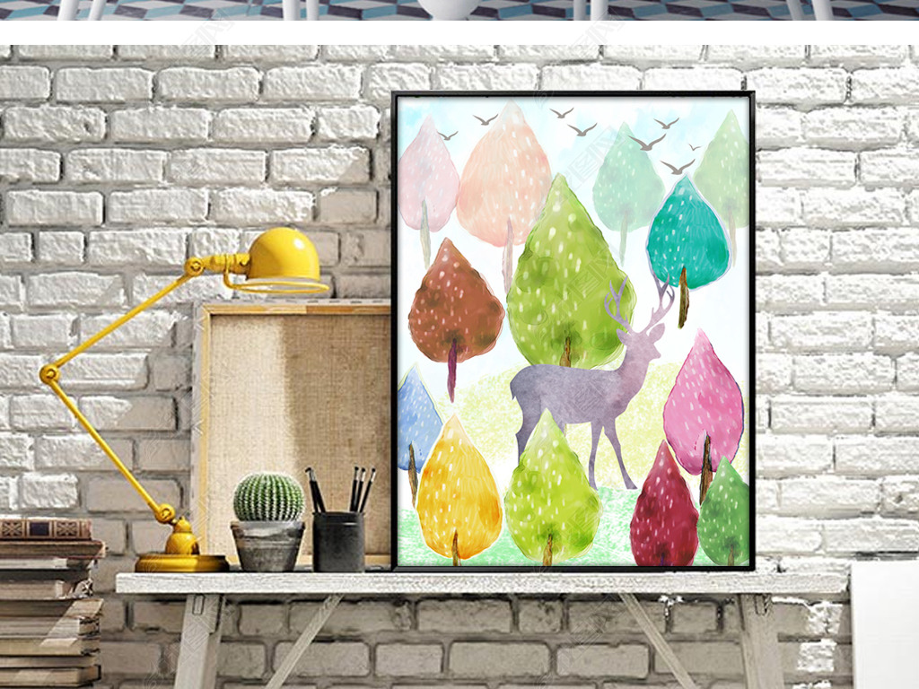 北欧手绘水彩小清新树林麋鹿无框画装饰画
