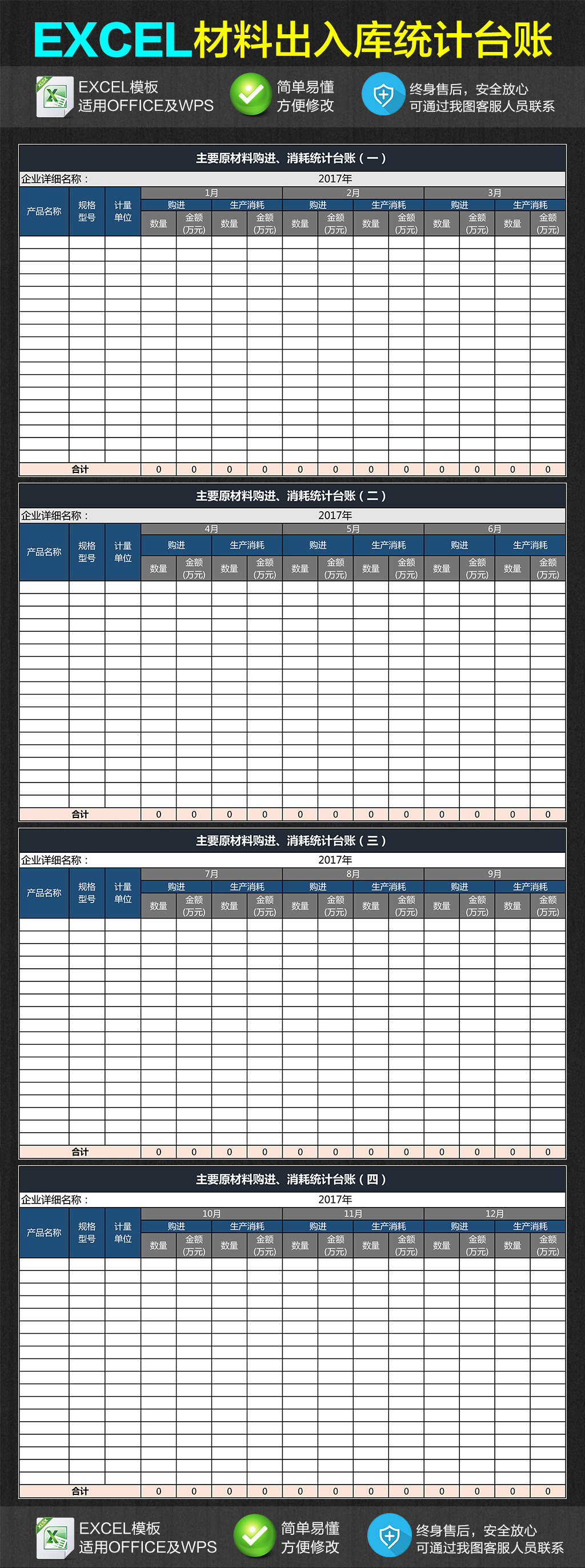 企业公司工厂原材料出入库统计台账表格模板