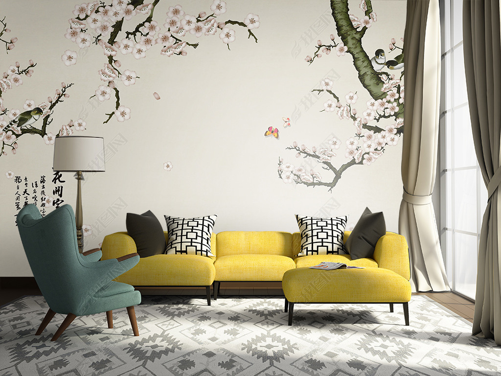 手绘工笔花鸟沙发背景墙下载-编号16329736-中式电视背景墙-我图网