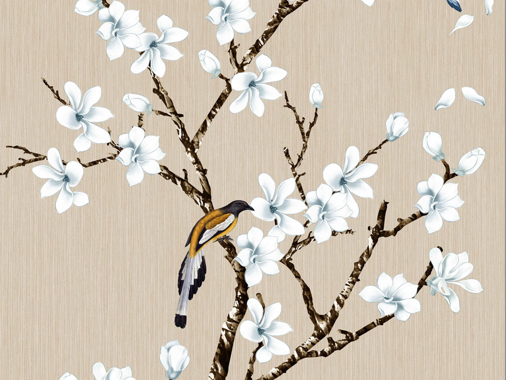 新中式素雅工笔花鸟玉兰花背景壁画装饰画