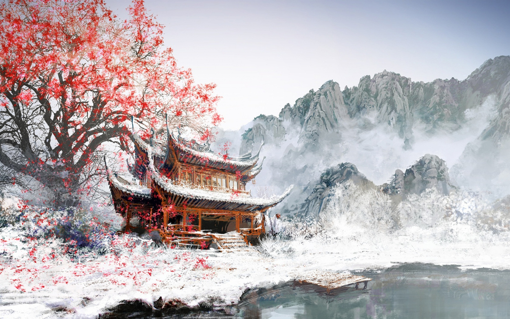 中国风油画中式建筑风景挂画红色壁画高清图片设计素材_模板下载(195.