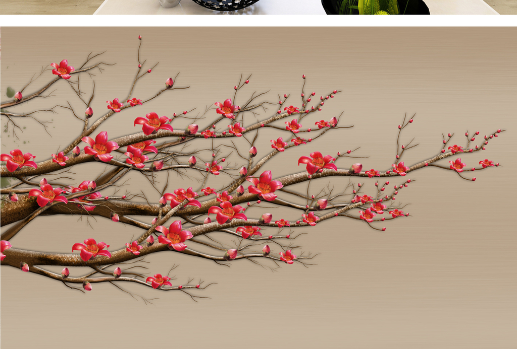 手绘梅花大型背景墙