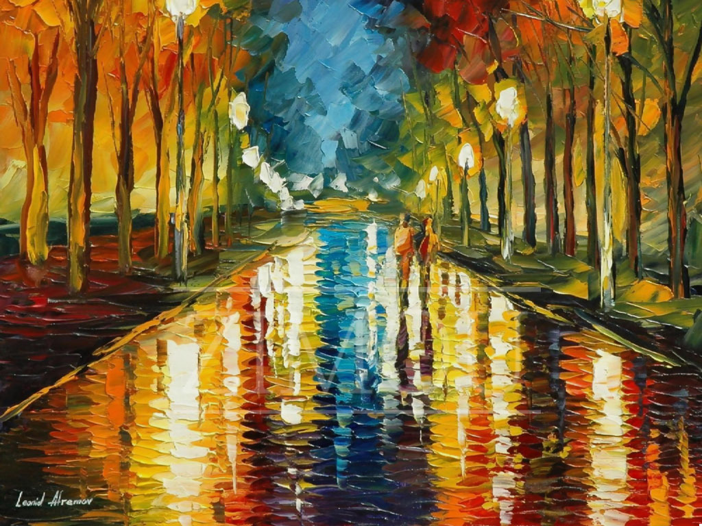 高清立体抽象雨后街道林荫小道树林抽象油画