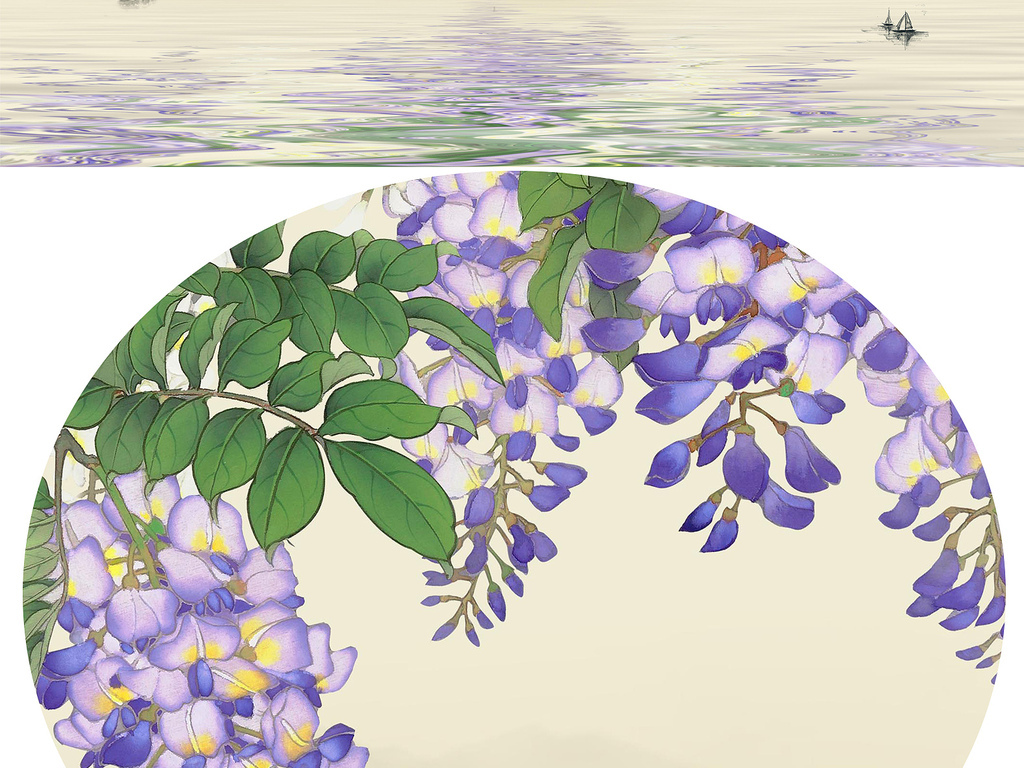 新中式淡雅古典紫藤花背景墙装饰画