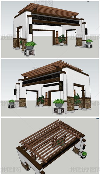 新中式大门堂亭su入口大门