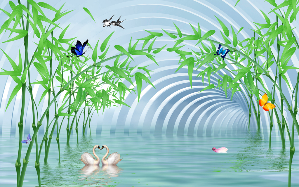 3d水中竹子唯美客厅电视沙发背景墙壁画