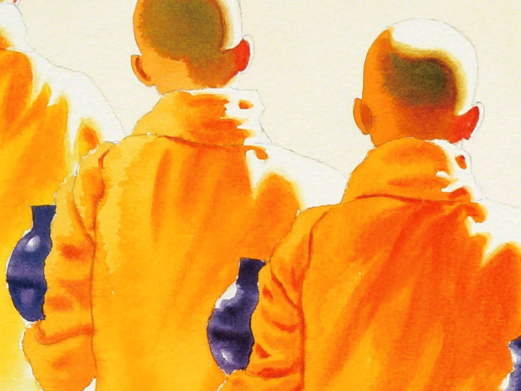 高清手绘东南亚少年僧侣装饰画