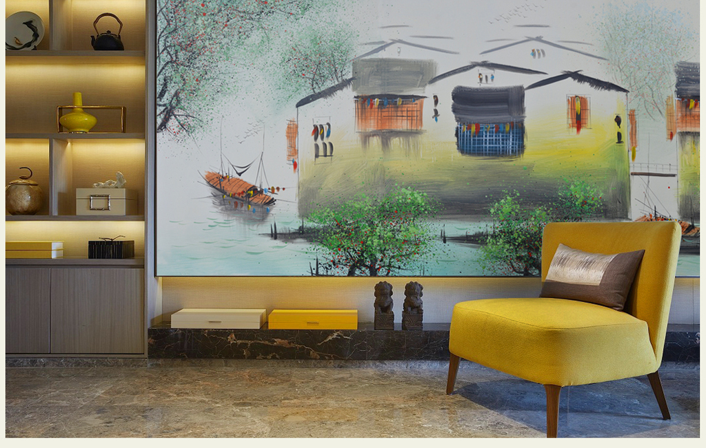 高清巨幅水乡渔村新中式写意油画艺术背景壁画