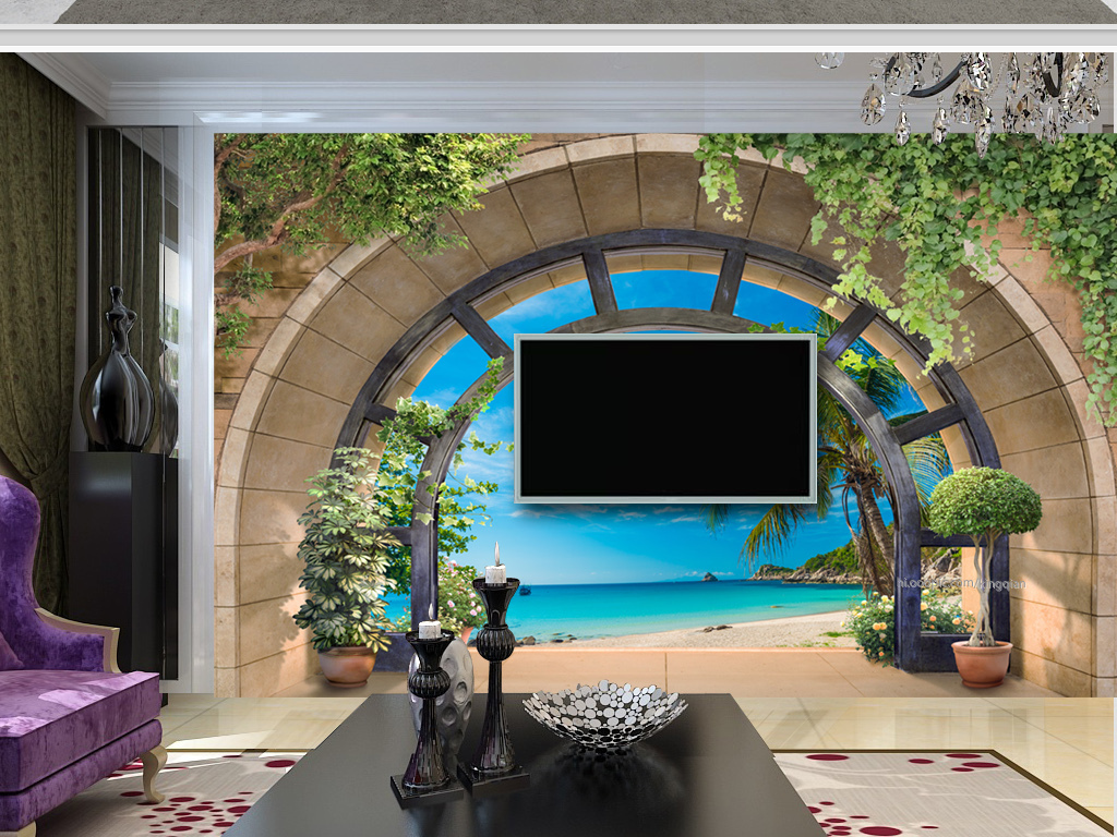 拱门沙滩海景3d背景墙