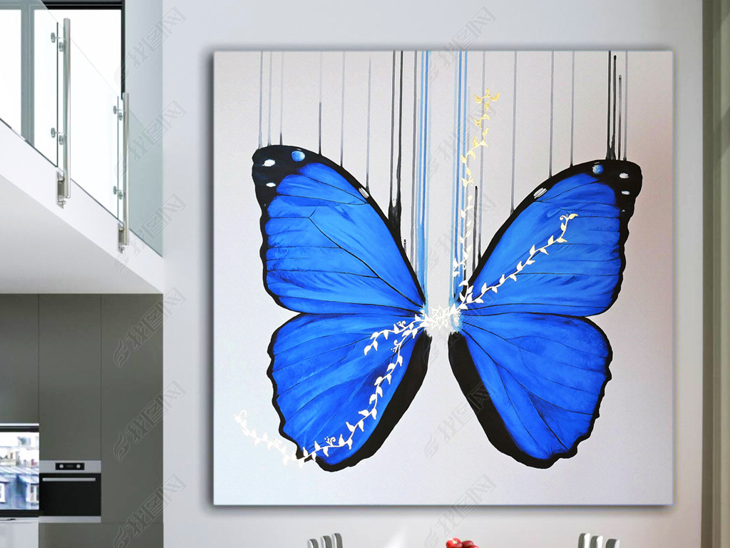 原创现代简约北欧风蓝色蝴蝶艺术水彩动物绘画装饰画唯美