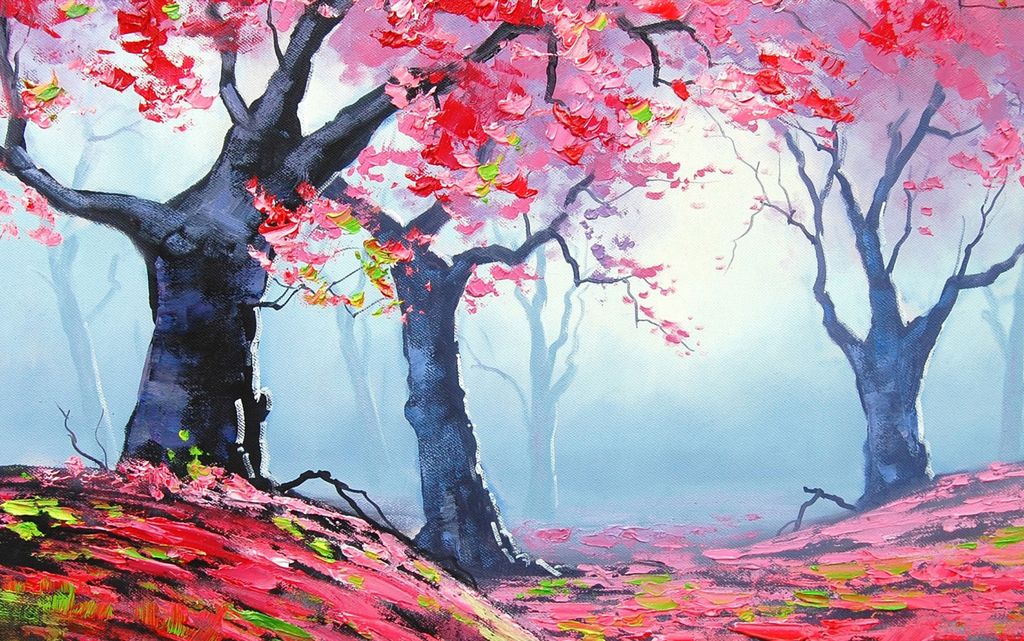 油画风景樱花意境梦境粉色树木挂画