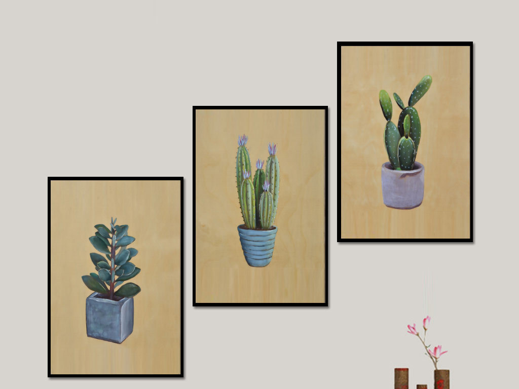 手绘热带盆栽植物三联装饰画