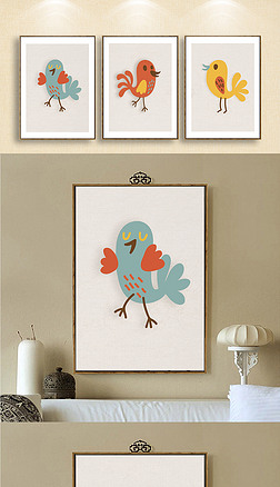 简约可爱小清新绘画小鸟装饰画三联画无框画