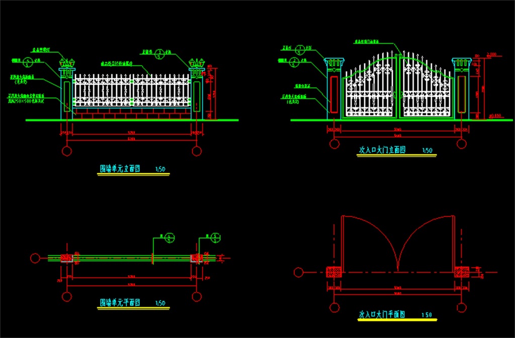 围墙大门cad建筑施工图