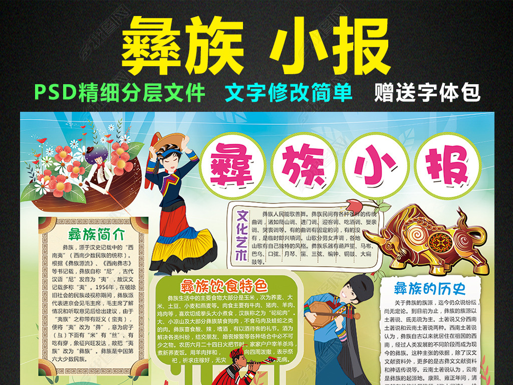 原创彝族小报民族风俗习俗手抄报电子小报模板版权可商用