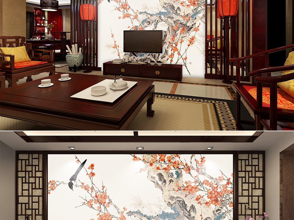 喜上枝头国画工笔画梅花喜鹊中式电视背景墙图片设计素材_高清模板