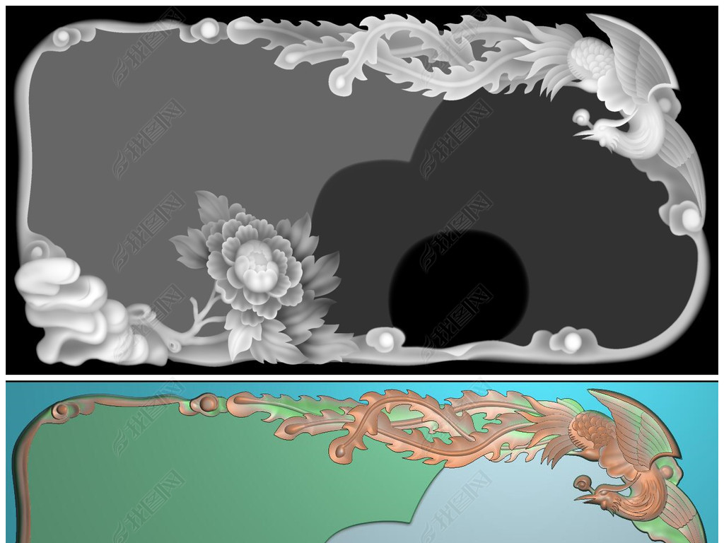 原创凤凰茶盘雕刻精雕图灰度图浮雕图jdp