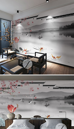 白墙 荷花背景墙|新中式山水荷花徽派马头墙水墨江南壁画