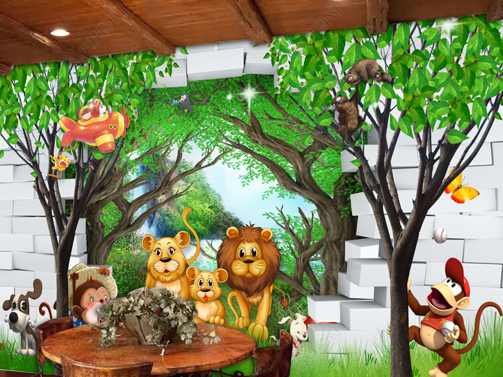 3d唯美森林卡通儿童房背景墙壁画