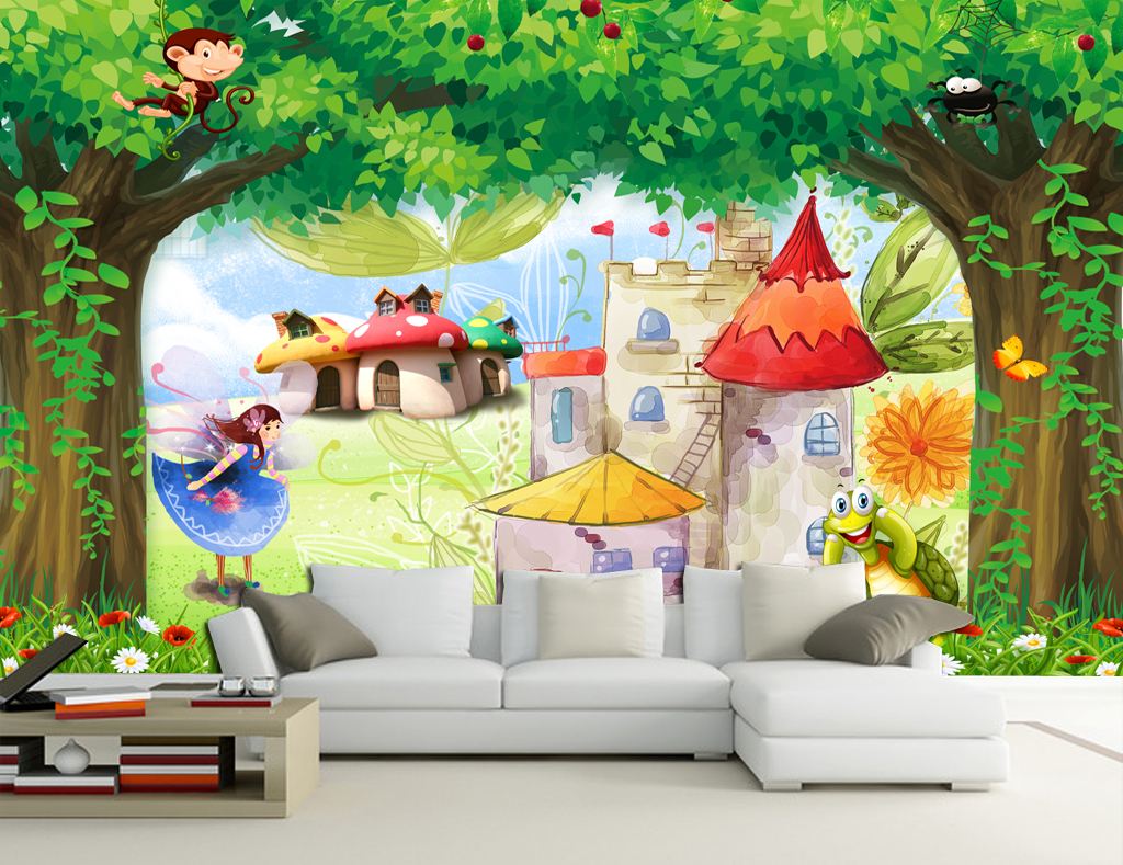 3d森林唯美风景卡通儿童房背景墙