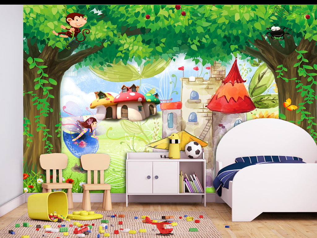 3d森林唯美风景卡通儿童房背景墙