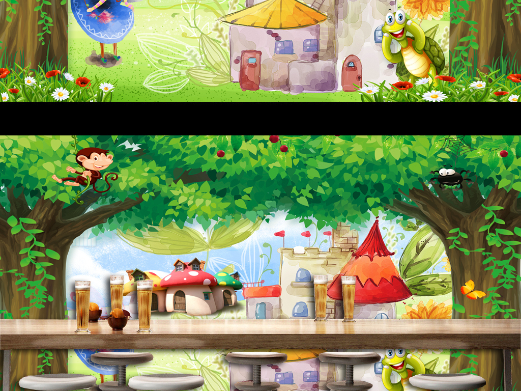 3d森林唯美风景卡通儿童房背景墙